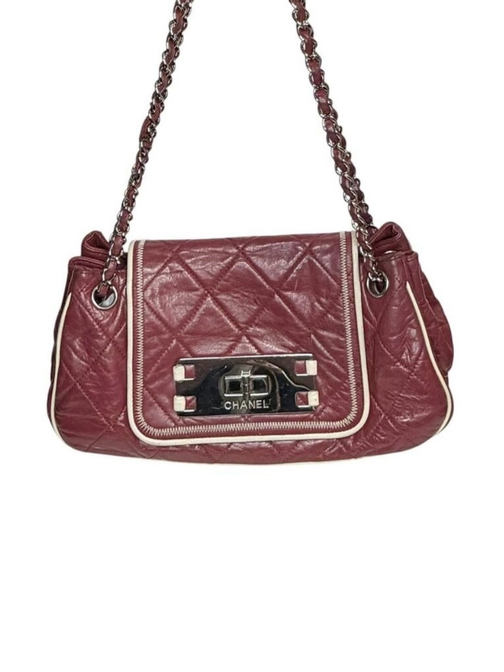 Chanel Burgundy Distressed Calfskin Accordion Flap Bag with Whipstitch Trim +COA